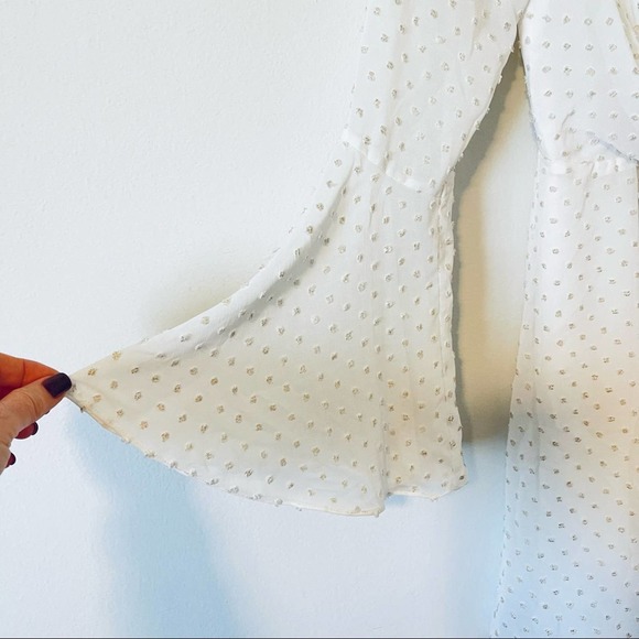 Jay Godfrey Dottie Dress White wirh Gold Trim Swiss Dots Bell Sleeves Size 4 - Picture 6 of 10